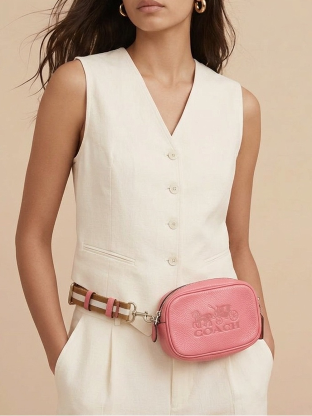 Coach Pink Pebbled Leather Convertible Crossbody Bag Belt Bag with Striped Strap